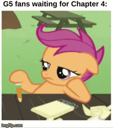 Size: 260x294 | Tagged: safe, screencap, scootaloo, pegasus, pony, g4, animated, bored, female, filly, foal, gif, imgflip, meme, notebook, pencil, solo, text