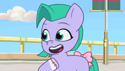 Size: 960x540 | Tagged: safe, screencap, seashell (g5), earth pony, pony, clip trot, g5, my little pony: tell your tale, spoiler:g5, spoiler:my little pony: tell your tale, spoiler:tyts01e07, animated, bow, cute, eyes closed, female, filly, foal, gif, open mouth, pippsqueaks, shellabetes, singing, smiling, solo, tail, tail bow