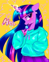 Size: 1623x2048 | Tagged: safe, artist:petaltwinkle, twilight sparkle, unicorn, semi-anthro, g4, abstract background, arm hooves, blushing, candy, clothes, female, food, glowing, glowing horn, heh, hoodie, hoof hold, horn, lollipop, magnetic hooves, mare, open mouth, open smile, skirt, smiling, solo, unicorn twilight