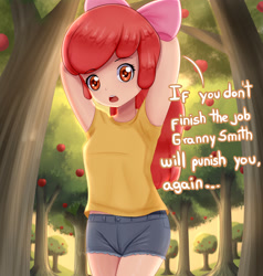 Size: 2362x2480 | Tagged: safe, artist:focusb, apple bloom, human, equestria girls, g4, apple, apple family member, apple tree, clothes, dialogue, female, high res, human coloration, implied granny smith, out of character, shorts, solo, talking to viewer, tree