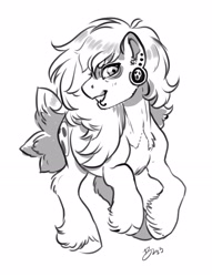 Size: 2730x3579 | Tagged: safe, artist:opalacorn, oc, oc only, earth pony, pony, commission, ear piercing, earring, grayscale, grin, high res, jewelry, lip piercing, monochrome, piercing, rearing, simple background, smiling, solo, white background