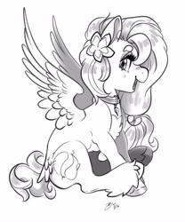 Size: 3409x4096 | Tagged: safe, artist:opalacorn, oc, oc only, pegasus, pony, chest fluff, choker, female, flower, flower in hair, grayscale, looking at you, mare, monochrome, open mouth, open smile, simple background, sitting, smiling, smiling at you, solo, spread wings, tail, tail feathers, unshorn fetlocks, white background, wings
