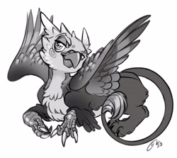 Size: 4096x3661 | Tagged: safe, artist:opalacorn, oc, oc only, griffon, grayscale, griffon oc, lidded eyes, looking at you, lying down, monochrome, prone, simple background, smiling, smirk, solo, white background