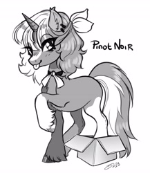 Size: 3550x4096 | Tagged: safe, artist:opalacorn, oc, oc only, oc:pinot noir, pony, unicorn, cardboard box, coat markings, commission, grayscale, looking at you, monochrome, ribbon, simple background, solo, tongue out, unshorn fetlocks, white background