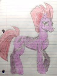 Size: 2432x3232 | Tagged: safe, artist:twiny dust, derpibooru exclusive, fizzlepop berrytwist, tempest shadow, pony, unicorn, g4, adult blank flank, blank flank, colored, colored pencil drawing, concave belly, eye scar, facial scar, female, high res, lined paper, looking at you, mare, no armor, pencil drawing, scar, scared, shading, shading practice, slender, smiling, solo, thin, traditional art