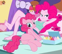 Size: 3400x2931 | Tagged: safe, artist:succubi samus, part of a set, pinkie pie, human, pony, equestria girls, g4, armpits, barefoot, bed, bedroom, bedroom eyes, belly button, breasts, butt, cupcake, dock, duality, feet, food, high res, human ponidox, looking at you, on bed, plot, self paradox, self ponidox, show accurate, signature, tail
