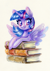Size: 853x1200 | Tagged: safe, artist:maytee, twilight sparkle, alicorn, pony, g4, book, bust, colored pencil drawing, cream background, female, looking at you, mare, portrait, simple background, smiling, solo, spread wings, that pony sure does love books, traditional art, twilight sparkle (alicorn), wings