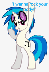 Size: 300x437 | Tagged: safe, artist:likonan, edit, dj pon-3, vinyl scratch, pony, unicorn, g4, bipedal, caption, glasses, justin timberlake, looking at you, raised hooves, rock your body, solo, song reference, text