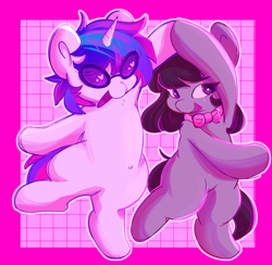 Size: 2352x2292 | Tagged: safe, artist:ohsotoasty, dj pon-3, octavia melody, vinyl scratch, earth pony, pony, unicorn, g4, bipedal, blushing, bowtie, dancing, duo, duo female, female, heart, high res, holding hooves, horn, lesbian, mare, octavia's bowtie, ship:scratchtavia, shipping, vinyl's glasses