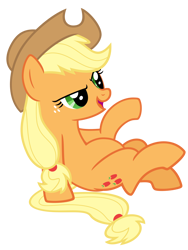 Size: 3000x4000 | Tagged: safe, artist:reginault, edit, editor:oathcharm, vector edit, applejack, earth pony, pony, fall weather friends, g4, belly, belly edit, female, high res, mare, open mouth, raised hoof, simple background, sitting, smiling, solo, transparent background, vector