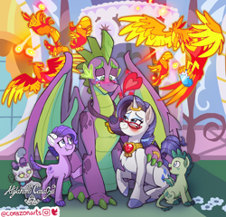 Size: 3120x3000 | Tagged: safe, artist:corazonarts, opalescence, peewee, rarity, spike, oc, oc:crystal clarity, oc:turquoise blitz, cat, dracony, dragon, hybrid, phoenix, pony, unicorn, g4, bow, chest fluff, crying, female, fire ruby, flower, flying, gem, glasses, heart, high res, interspecies offspring, jewelry, looking at each other, looking at someone, love, male, mare, medal, necklace, offspring, open mouth, parent:rarity, parent:spike, parents:sparity, raised hoof, ring, romantic, ruby, ship:sparity, shipping, sitting, smiling, straight, wedding ring, window, winged spike, wings