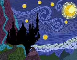 Size: 1600x1244 | Tagged: safe, artist:graphven, canterlot, cloud, fine art parody, moon, mountain, no pony, scenery, sky, starry night, stars, the starry night, vincent van gogh