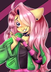 Size: 1451x2048 | Tagged: safe, artist:pozya1007, fluttershy, pegasus, anthro, dtiys emoflat, g4, black nail polish, choker, clothes, cute, draw this in your style, ear piercing, earring, evening gloves, female, fingerless elbow gloves, fingerless gloves, gloves, grin, hair over one eye, hands together, jacket, jewelry, long gloves, mare, piercing, shyabetes, smiling, solo, spiked choker, striped gloves