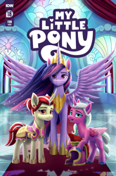Size: 2167x3288 | Tagged: safe, artist:robin jacks, idw, opaline arcana, twilight sparkle, oc, oc:garnet flare, alicorn, pony, unicorn, g5, the last problem, armor, castle, comic book, comic cover, crown, curved horn, fake, fan cover, fanart, female, height difference, helmet, high res, hoof shoes, horn, i can't believe it's not idw, jewelry, mare, older, older twilight, older twilight sparkle (alicorn), peytral, princess shoes, princess twilight 2.0, regalia, royal guard, royal guard armor, smiling, spread wings, standing, tall, throne room, twilight sparkle (alicorn), twilight's royal guard, wings, younger