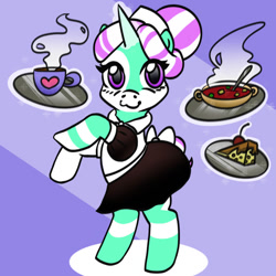 Size: 894x894 | Tagged: oc name needed, safe, artist:markskvader, oc, oc only, pony, unicorn, cake, cake slice, clothes, coffee, food, socks, solo, soup, striped socks
