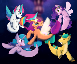 Size: 1800x1500 | Tagged: safe, artist:clairacub, hitch trailblazer, izzy moonbow, pipp petals, sunny starscout, zipp storm, alicorn, earth pony, pegasus, pony, seapony (g4), unicorn, g5, bubble, digital art, dorsal fin, eyes closed, female, fin, fin wings, fins, fish tail, flowing mane, flowing tail, glowing, glowing horn, green eyes, happy, horn, male, mane five, mane stripe sunny, mare, mermay, ocean, open mouth, open smile, pink eyes, seaponified, seapony hitch trailblazer, seapony izzy moonbow, seapony pipp petals, seapony sunny starscout, seapony zipp storm, seaquestria, smiling, species swap, stallion, swimming, tail, underwater, water, wings
