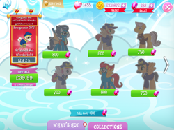 Size: 2048x1536 | Tagged: safe, gameloft, idw, admiral fairweather, colonel purple dart, dauntless, general firefly, rumble, earth pony, pegasus, pony, g4, my little pony: magic princess, aviator goggles, beard, clothes, clothing damage, coin, collection, costs real money, english, facial hair, folded wings, gem, glider, goggles, group, hat, idw showified, male, medal, mobile game, moustache, numbers, older, older rumble, spread wings, stallion, text, timer, unnamed character, unnamed pony, wings, young dauntless