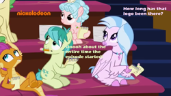 Size: 1248x703 | Tagged: safe, edit, edited screencap, screencap, cozy glow, huckleberry, sandbar, silverstream, smolder, classical hippogriff, dragon, earth pony, hippogriff, pegasus, pony, g4, what lies beneath, bench, breaking the fourth wall, colored hooves, crossed legs, duo focus, friendship student, jewelry, logo, looking up, male, mouth hold, necklace, nickelodeon, notepad, pencil, stallion, text
