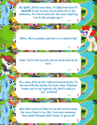 Size: 2045x2629 | Tagged: safe, gameloft, pipsqueak, rainbow dash, twist, earth pony, pegasus, pony, g4, my little pony: magic princess, bandana, clothes, colt, dialogue, dialogue box, english, event, eyepatch, female, foal, glasses, high res, male, mare, mobile game, older, older twist, speech bubble, spread wings, stallion, text, wings
