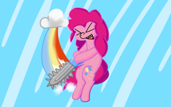 Size: 2552x1606 | Tagged: safe, artist:just loq, pinkie pie, earth pony, pony, cutiemarks (and the things that bind us), lesbian ponies with weapons, vylet pony, g4, chainsaw, cloud, implied rainbow dash, open mouth, rainbow, sharp teeth, simple background, solo, teeth, xd