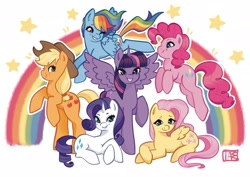 Size: 2048x1448 | Tagged: safe, artist:wormpuppet, applejack, fluttershy, pinkie pie, rainbow dash, rarity, twilight sparkle, alicorn, earth pony, pegasus, pony, unicorn, g4, applejack's hat, cowboy hat, female, flying, folded wings, group, hat, horn, looking at you, mane six, mare, one eye closed, rainbow, raised hoof, sextet, signature, simple background, smiling, smiling at you, spread wings, stars, twilight sparkle (alicorn), white background, wings, wink