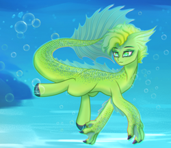 Size: 1500x1300 | Tagged: safe, artist:kiracatastic, oc, oc only, hybrid, merpony, monster pony, pony, sea pony, bubble, claws, crepuscular rays, digital art, dorsal fin, fin, fish tail, flowing mane, flowing tail, green eyes, green mane, looking at you, male, ocean, rock, scales, smiling, smiling at you, solo, stallion, sunlight, swimming, tail, underwater, unshorn fetlocks, water