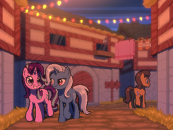 Size: 800x600 | Tagged: safe, artist:rangelost, caramel, starlight glimmer, trixie, earth pony, pony, unicorn, cyoa:d20 pony, g4, clothes line, cyoa, male, offscreen character, pixel art, sign, stallion, story included, string lights, town