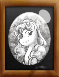 Size: 720x937 | Tagged: safe, artist:texasuberalles, pear butter, earth pony, pony, g4, bust, female, flower, flower in hair, looking at you, mare, mother's day, pencil drawing, picture frame, portrait, smiling, solo, traditional art