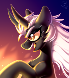 Size: 3000x3400 | Tagged: safe, artist:rtootb, oc, oc only, hybrid, pony, angry, art trade, dynamic pose, ears back, fangs, female, fire, fireplace, halfbody, high res, horns, hybrid oc, looking at someone, mare, open mouth, screaming, shading, simple background, solo, trade, white mane, yellow eyes