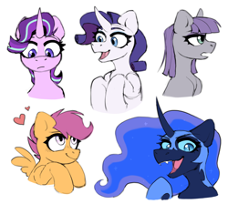 Size: 2096x1882 | Tagged: safe, artist:rtootb, maud pie, nightmare moon, rarity, scootaloo, starlight glimmer, alicorn, earth pony, pegasus, pony, unicorn, g4, bust, curved horn, cute, cutealoo, digital art, evil laugh, female, filly, foal, happy, heart, hooves, horn, laughing, looking at someone, looking at you, looking down, looking up, mare, open mouth, portrait, simple background, sketch, smiling, white background