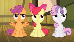 Size: 1920x1080 | Tagged: safe, screencap, apple bloom, scootaloo, sweetie belle, earth pony, pegasus, pony, unicorn, g4, somepony to watch over me, apple bloom's bow, bow, cold opening, cutie mark crusaders, female, filly, foal, hair bow, sitting, spread wings, trio, wings