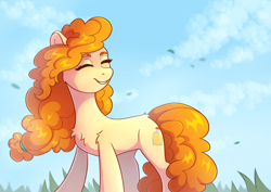 Size: 3508x2480 | Tagged: safe, artist:skysorbett, pear butter, earth pony, pony, g4, cute, eyes closed, female, grass, high res, mare, pearabetes, smiling, solo