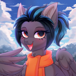 Size: 4000x4000 | Tagged: safe, artist:pesty_skillengton, oc, oc only, pegasus, pony, absurd resolution, clothes, ear fluff, female, mare, mountain, open mouth, pegasus oc, scarf, sketch, solo