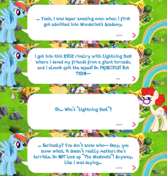 Size: 2045x2149 | Tagged: safe, gameloft, rainbow dash, twist, pegasus, pony, g4, my little pony: magic princess, dialogue, dialogue box, english, event, female, glasses, high res, implied lightning dust, mare, mobile game, older twist, speech bubble, spread wings, text, wings