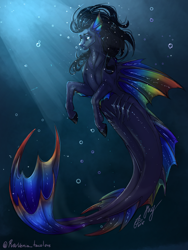 Size: 1300x1731 | Tagged: safe, artist:witch house, oc, oc only, hybrid, merpony, pony, sea pony, seapony (g4), beautiful, black mane, blank eyes, blue tail, bubble, crepuscular rays, digital art, dorsal fin, fin, fins, fish tail, flowing mane, flowing tail, gills, male, ocean, requested art, seapony oc, signature, solo, stallion, sunlight, swimming, tail, underwater, water