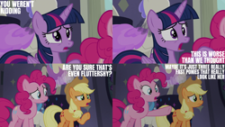 Size: 2000x1125 | Tagged: safe, edit, edited screencap, editor:quoterific, screencap, applejack, pinkie pie, twilight sparkle, alicorn, earth pony, pony, fake it 'til you make it, g4, :s, applejack's hat, concerned, cowboy hat, female, freckles, frown, hat, implied fluttershy, mare, open mouth, pointing, raised hoof, trio, trio female, twilight sparkle (alicorn), wavy mouth, worried