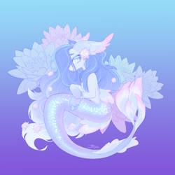 Size: 1700x1700 | Tagged: safe, artist:taizger, oc, oc only, hybrid, merpony, seapony (g4), blue background, blue eyes, blue mane, colored pupils, crepuscular rays, cute, digital art, eyelashes, eyeshadow, female, fish tail, floppy ears, flower, flower in hair, flowing mane, gradient background, lidded eyes, looking at you, makeup, mare, mermaid tail, mermay, ocean, signature, smiling, smiling at you, solo, sunlight, swimming, tail, underwater, unshorn fetlocks, water