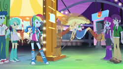 Size: 3072x1727 | Tagged: safe, screencap, applejack, curly winds, rainbow dash, some blue guy, human, equestria girls, g4, my little pony equestria girls: rainbow rocks, perfect day for fun, applejack's hat, belt, belt buckle, boots, clothes, cowboy hat, cutie mark on clothes, denim, denim skirt, eyes closed, female, grin, hat, high heel boots, male, night, shoes, skirt, smiling