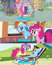 Size: 2458x3072 | Tagged: safe, edit, edited screencap, editor:itsmgh1203, screencap, pinkie pie, rainbow dash, earth pony, pegasus, pony, g4, griffon the brush off, mmmystery on the friendship express, season 1, season 2, season 3, too many pinkie pies, ^^, cute, dashabetes, diapinkes, duo, duo female, eyes closed, female, floppy ears, flying, friendship express, high res, mare, open mouth, open smile, smiling, spread wings, sunglasses, text, train, wings