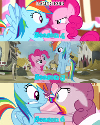 Size: 2458x3072 | Tagged: safe, edit, edited screencap, editor:itsmgh1203, screencap, pinkie pie, rainbow dash, earth pony, pegasus, pony, 28 pranks later, g4, pinkie pride, season 4, season 5, season 6, the lost treasure of griffonstone, duo, duo female, eyebrows, female, floppy ears, flying, high res, lies, mare, open mouth, raised eyebrow, smiling, spread wings, sugarcube corner, text, wings