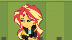 Size: 3072x1727 | Tagged: safe, screencap, sunset shimmer, human, equestria girls, g4, my little pony equestria girls: friendship games, canterlot high, clothes, female, frown, jacket, leather, leather jacket, lockers, sad, solo, sunsad shimmer