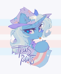 Size: 1518x1851 | Tagged: safe, artist:mirtash, trixie, pony, unicorn, g4, :p, bedroom eyes, bust, cape, clothes, eyebrows, female, hat, horn, looking at you, mare, portrait, pride, pride flag, simple background, smiling, smiling at you, solo, sparkles, starry eyes, text, tongue out, trans trixie, transgender, transgender pride flag, trixie's cape, trixie's hat, wingding eyes
