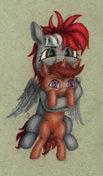 Size: 1548x2639 | Tagged: safe, artist:myzanil, oc, oc:coffee, oc:myza nil red, pegasus, pony, unicorn, colored pencil drawing, confused, female, holding, holding a pony, hug, mare, sitting, size difference, small, smiling, spread wings, traditional art, wings