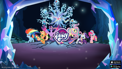 Size: 2560x1440 | Tagged: safe, gameloft, applejack, fluttershy, pinkie pie, rainbow dash, rarity, tree of harmony, twilight sparkle, alicorn, earth pony, pegasus, pony, unicorn, g4, my little pony: magic princess, twilight's kingdom, female, mane six, mare, my little pony logo, rainbow power, twilight sparkle (alicorn), video game, youtube banner