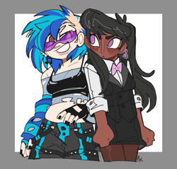 Size: 2048x1954 | Tagged: safe, artist:pcktknife, dj pon-3, octavia melody, vinyl scratch, human, g4, abstract background, bowtie, clothes, dark skin, duo, ear piercing, earring, female, humanized, jewelry, lesbian, octavia's bowtie, piercing, ship:scratchtavia, shipping, suit, vinyl's glasses