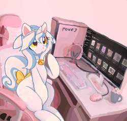 Size: 954x911 | Tagged: safe, artist:muffinz, oc, oc only, oc:snowie, pony, unicorn, bell, bell collar, bow, cat ears, chair, collar, commission, gamer, gaming chair, gaming headset, headset, office chair, solo, striped mane, tail, tail bow
