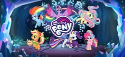 Size: 1666x768 | Tagged: safe, gameloft, applejack, fluttershy, pinkie pie, rainbow dash, rarity, tree of harmony, twilight sparkle, alicorn, earth pony, pegasus, pony, unicorn, g4, my little pony: magic princess, twilight's kingdom, female, loading screen, mane six, mare, my little pony logo, rainbow power, twilight sparkle (alicorn), video game