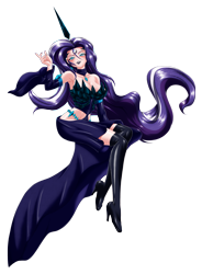 Size: 3430x4659 | Tagged: safe, alternate version, artist:mauroz, nightmare rarity, human, g4, anime, anime style, breasts, busty nightmare rarity, cleavage, clothes, high res, humanized, open mouth, shoes, simple background, solo, stockings, thigh highs, transparent background