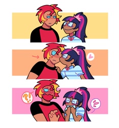 Size: 1123x1200 | Tagged: safe, artist:poppyr0ckz, sci-twi, sunset shimmer, twilight sparkle, human, g4, blushing, butch, comic, duo, female, happy, heart, humanized, kissing, lesbian, ship:sci-twishimmer, ship:sunsetsparkle, shipping