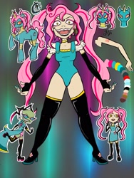 Size: 1620x2160 | Tagged: safe, artist:weegeepie-nightring, oc, oc only, oc:nightring, alien, human, apron, boots, cape, choker, clothes, coat, creepy, dress, ear piercing, earring, evening gloves, eyeshadow, fangs, female, fingerless elbow gloves, fingerless gloves, gloves, grin, high heel boots, humanized, humanized oc, invader zim, irken, jewelry, lipstick, long gloves, makeup, mare, markings, nail polish, non-mlp oc, open mouth, piercing, reference sheet, shoes, smiling, solo, tattoo, thigh boots, unshorn fetlocks